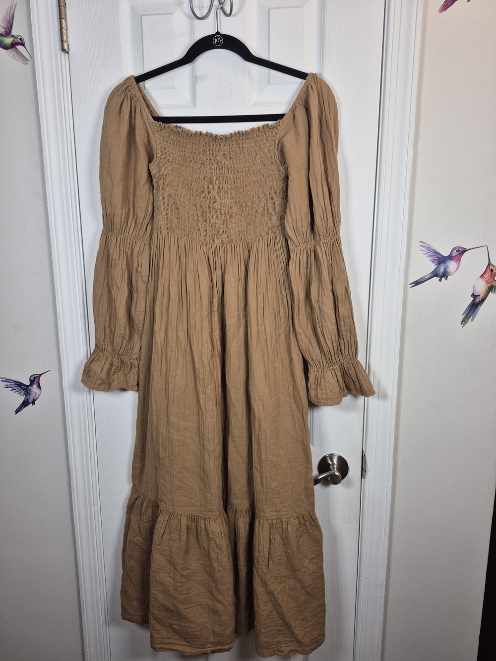Quince Organic Cotton Smocked Midi Dress Tan Boho Cottagecore Tiered Small